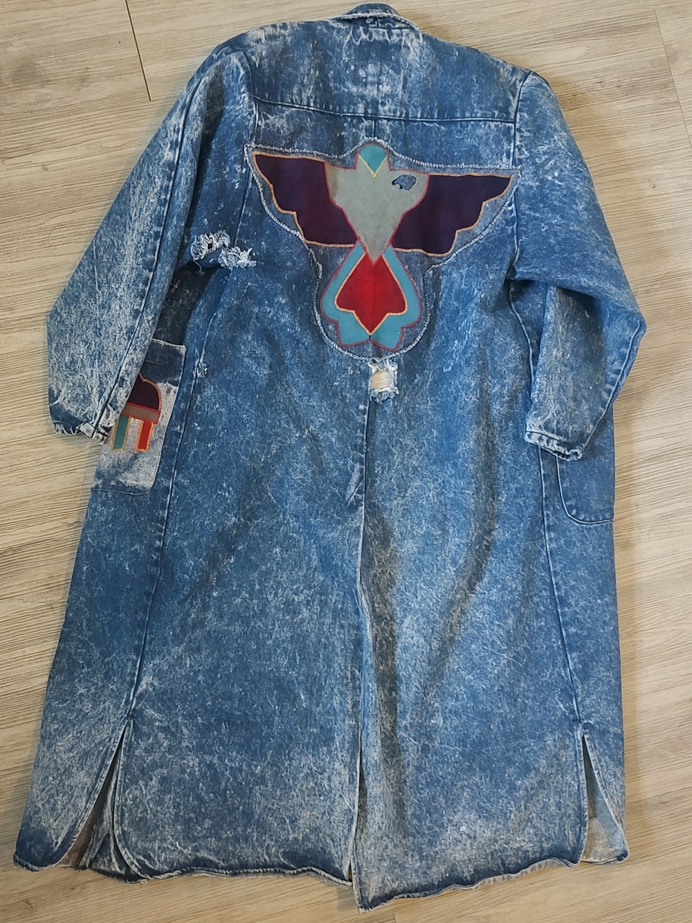 PIONEER WEAR Vintage Denim Trench Coat with Leather Thunderbird SZ 8 - Picture 2 of 8
